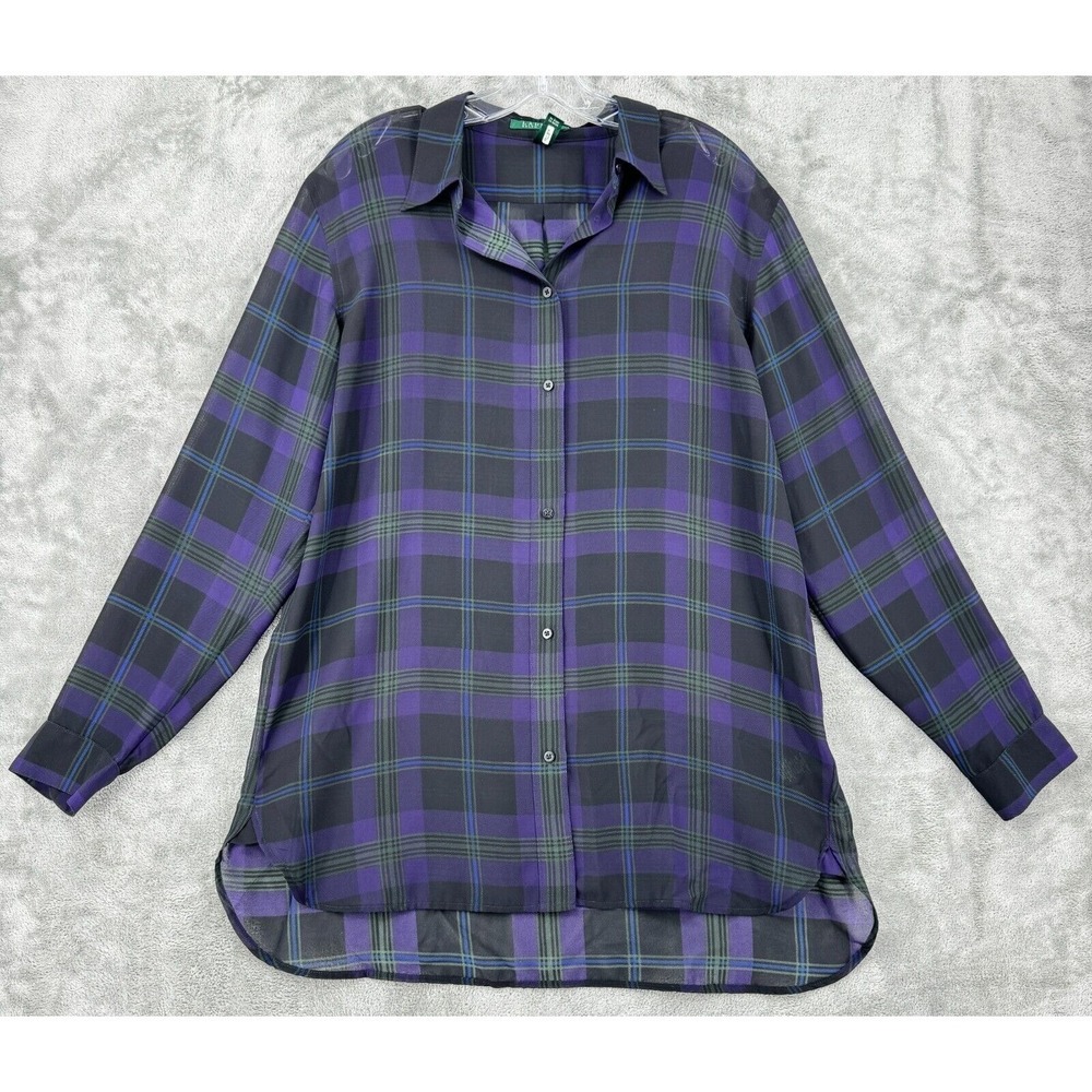 Ralph Lauren LRL Blouse Womens Large Plaid Semi Sheer Button Front Preppy Casual